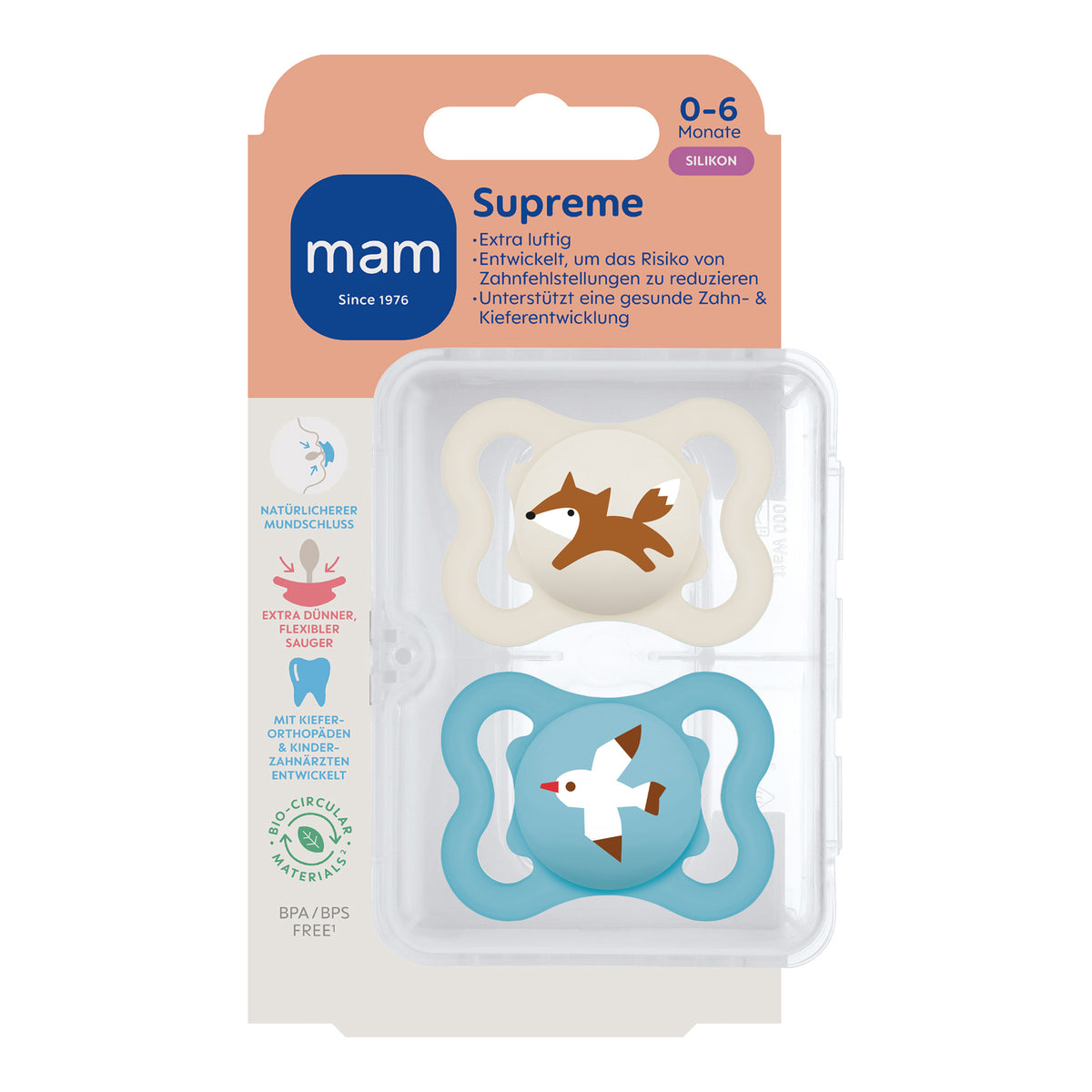 MAM SUPREME Silikon Schnuller Symmetrisch Oval Junge / Mädchen 0-6M 6-16M  + Box