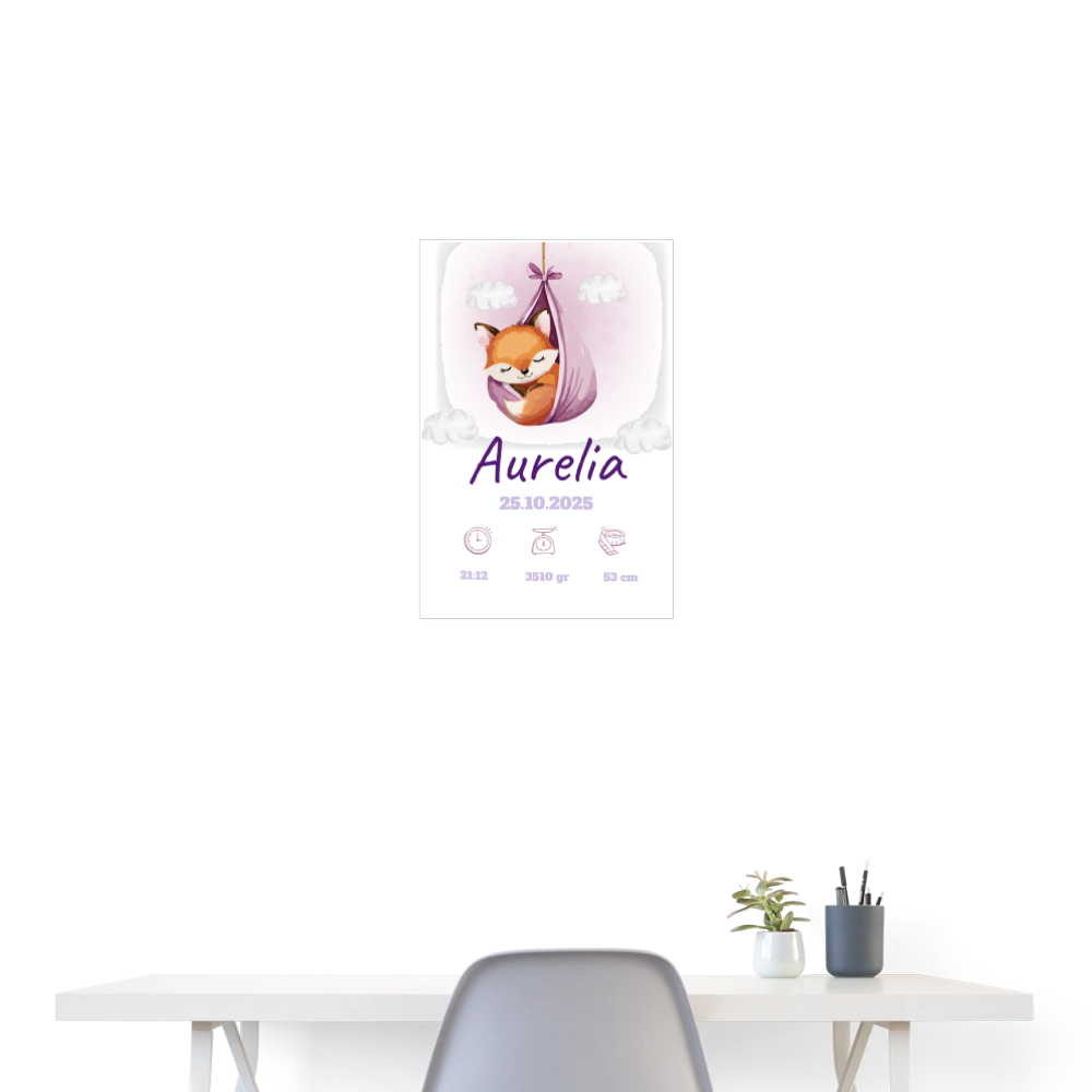 Babyposter mit Name Fuchs Lila 40x60 cm - Weiß