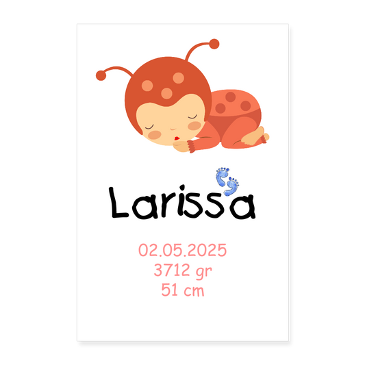 Babyposter mit Name Marienkäfer Mädchen 40x60 cm - Weiß