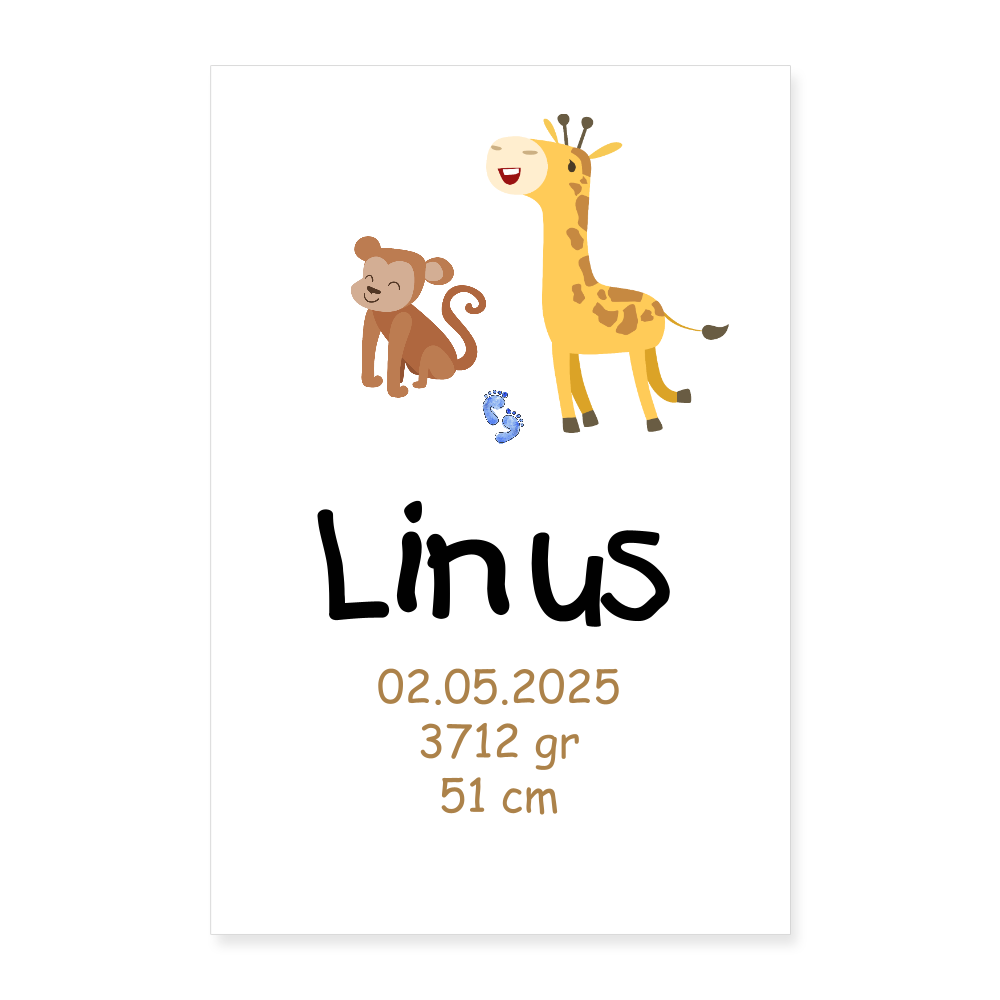 Babyposter mit Name Äffchen & Giraffe 40x60 cm - Weiß