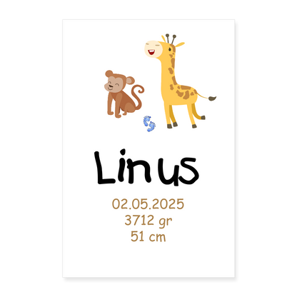 Babyposter mit Name Äffchen & Giraffe 40x60 cm - Weiß