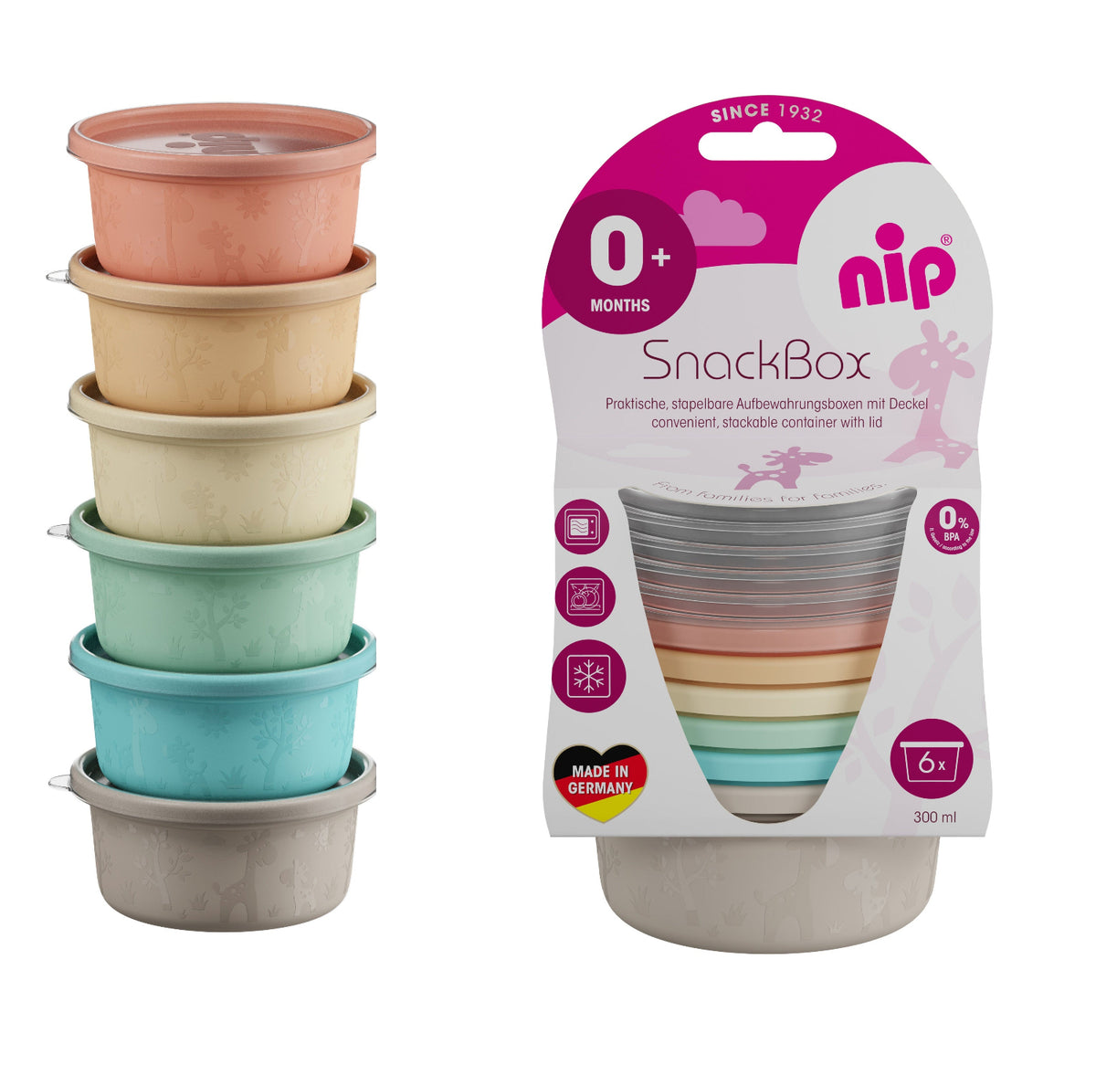 6er Nip Snackbox Pastell mit transparentem Deckel 300ml