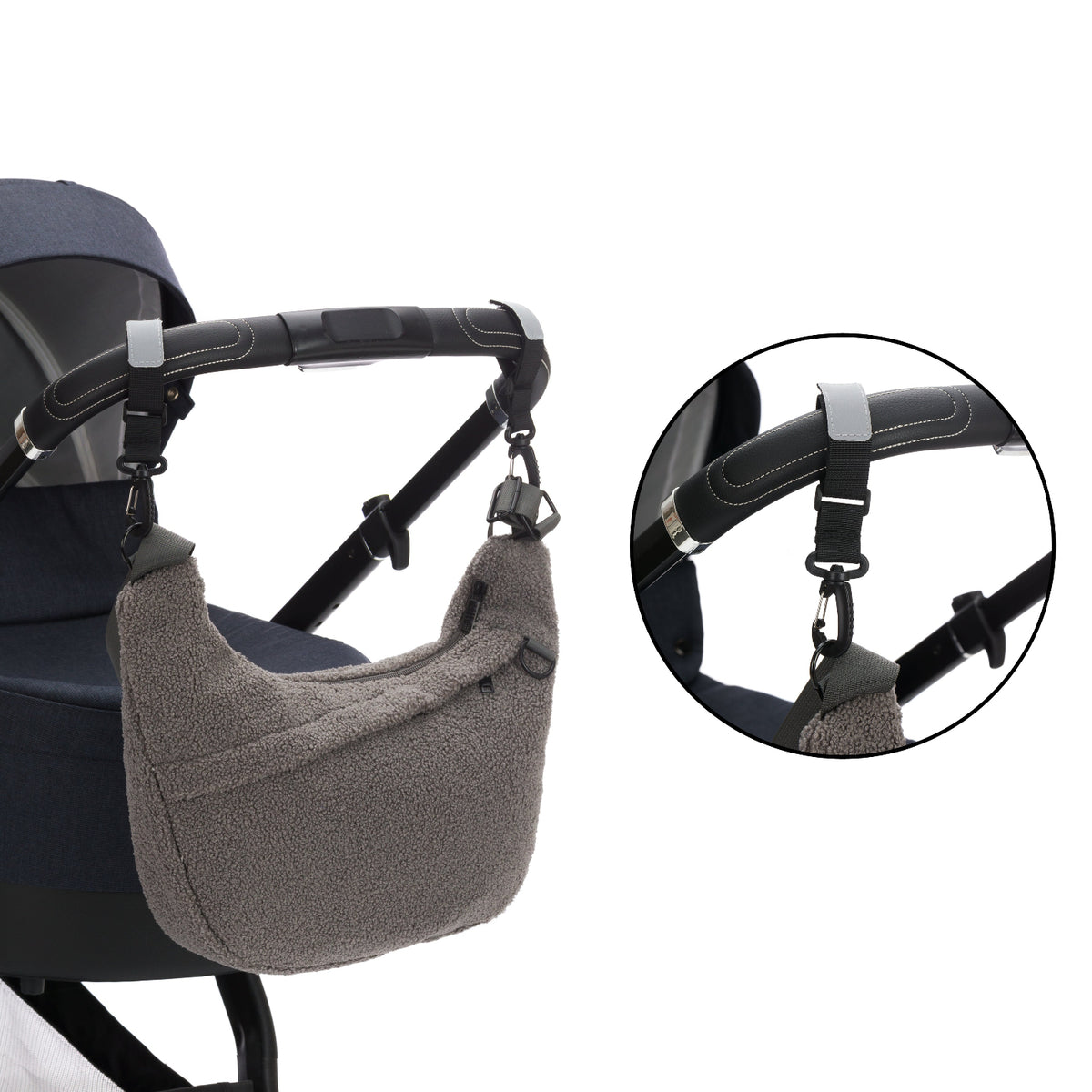 fillikid Teddyplüsch Daybag Wickeltasche grau am Kinderwagen