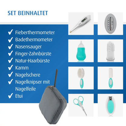 Reer Baby Pflegeset Babybürste, Kamm, Feile, Nagelschere und Clips