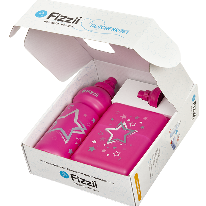 Fizzii Geschenkset Sterne Pink Flasche & Lunchbox