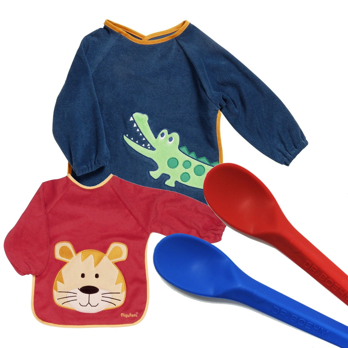 Baby Beikost Geschenkset Dr.Boehm Flexy Löffel Mini + Playshoes Ärmellätzchen Set 4tlg