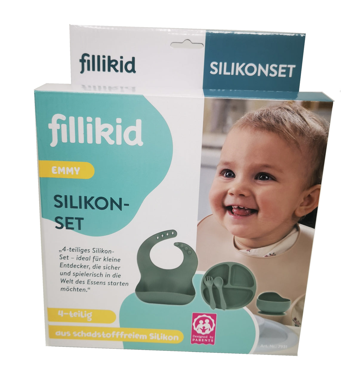 fillikid Baby Geschirr Silikon Set 4-tlg.  Lätzchen, Besteck, Teller & Schüssel