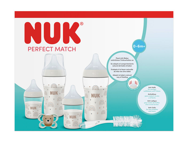 Nuk Perfect Match Geschenkset 0-6m Regenbogen 4x Babyflasche & 1x Schnuller & Flaschenbürste