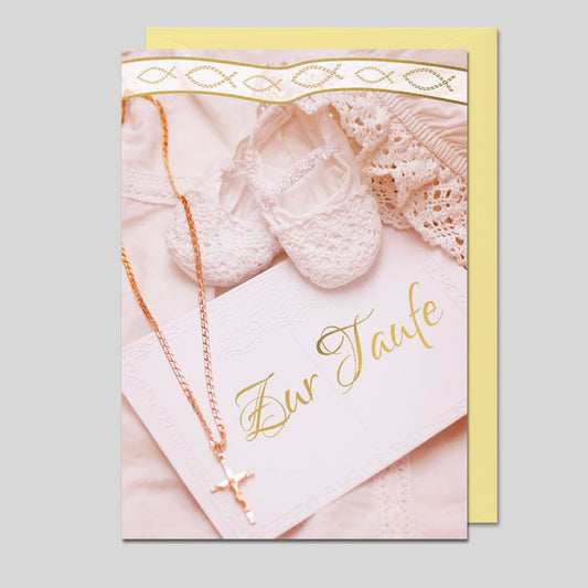 Umschlagkarte Babys Taufe mit Goldschrift & Kreuz