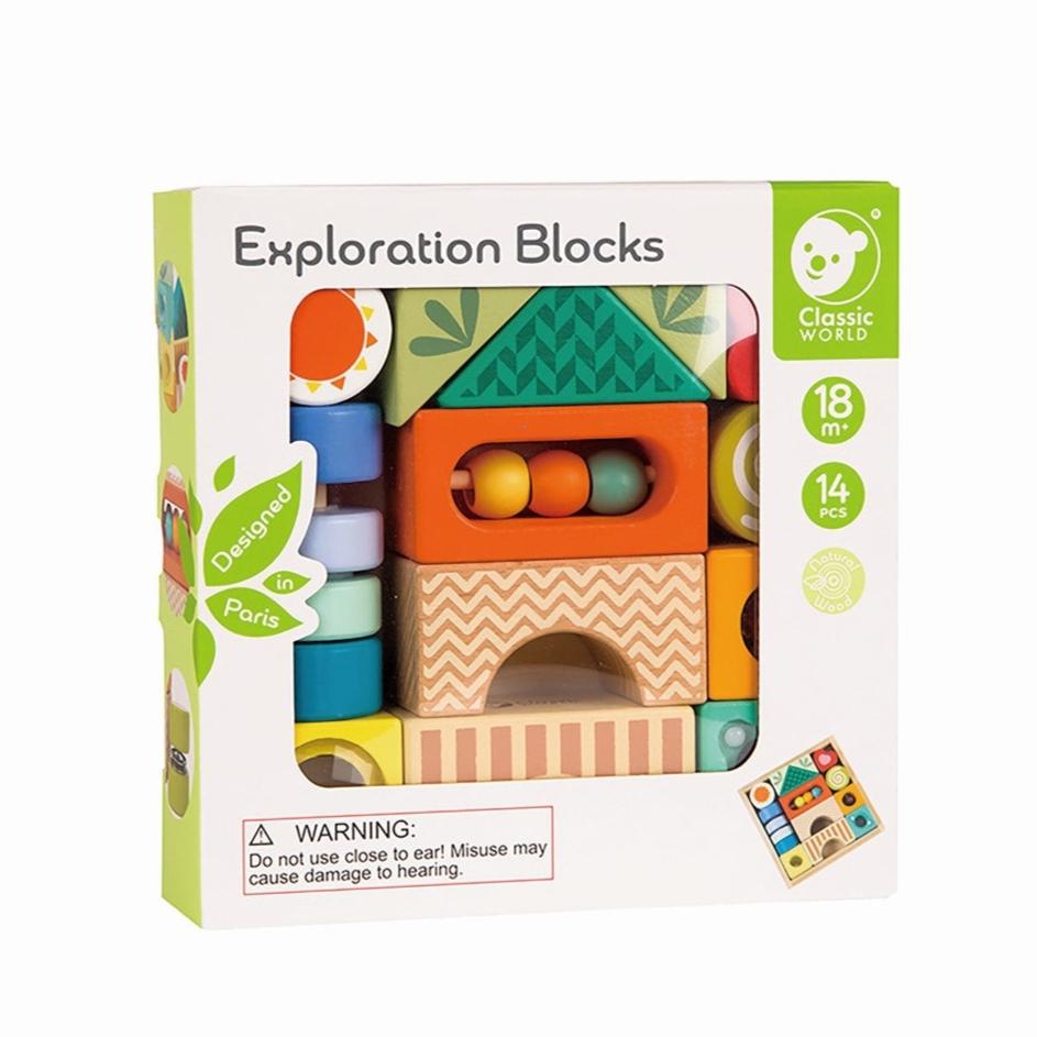Classic World Entdecker-Bausteine im Holzkasten 18M+ Verpackung