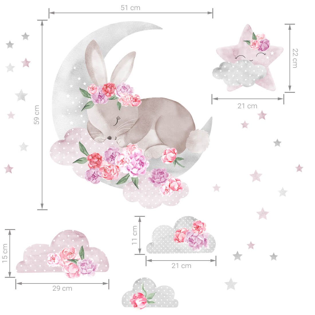Pastelowe Love Wandaufkleber Sticker Set Schlafendes Häschen